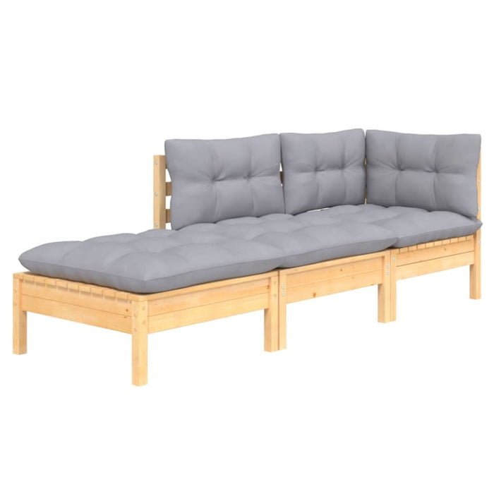 3 Piece Garden Lounge Set With Grey Cushions Solid Wood