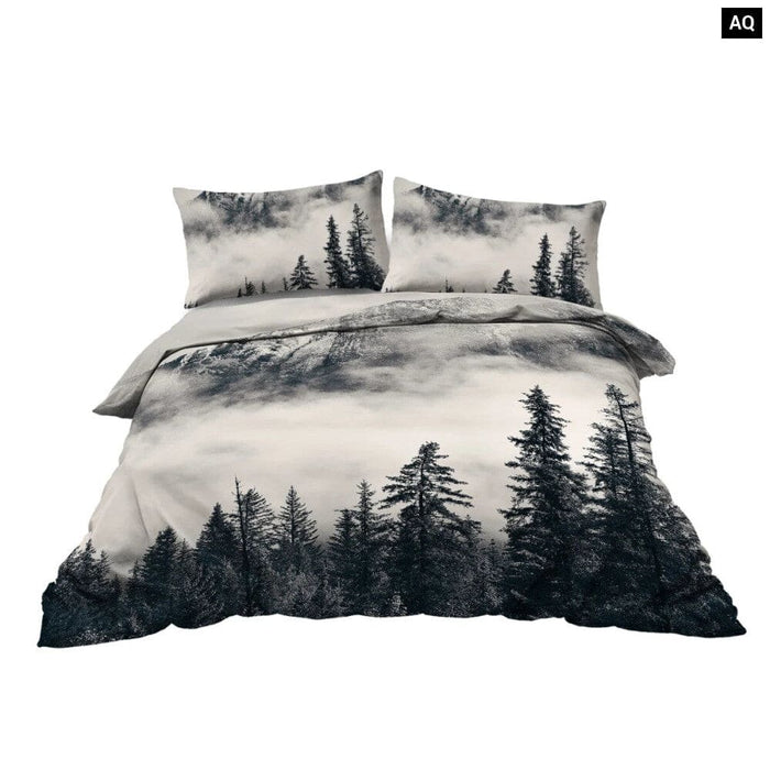 3 Piece Mountain And Tree Bedding Set Duvet Cover With 2