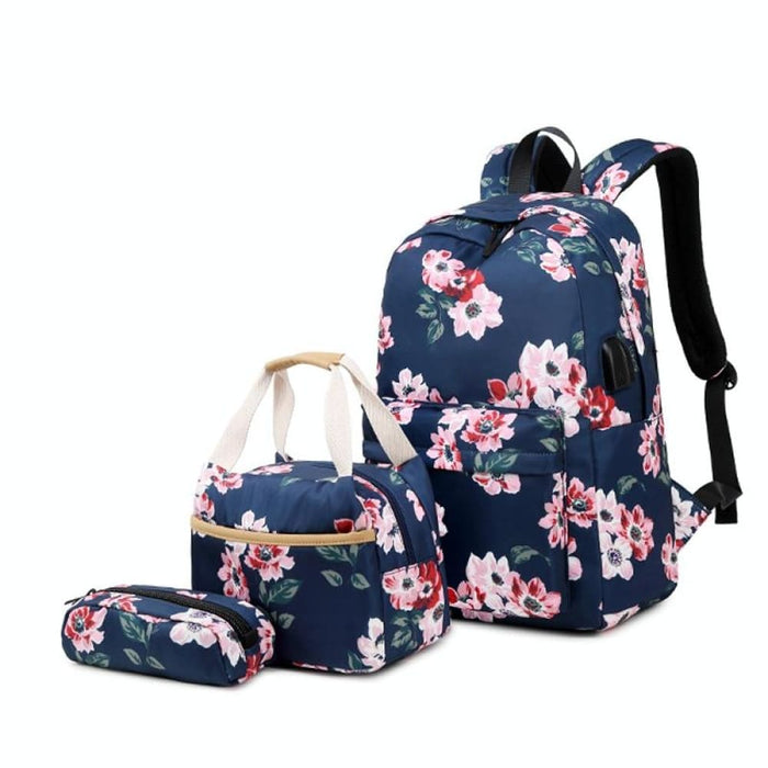 3 Piece Printed Usb Backpack For Students