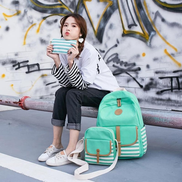 3 Piece Striped Canvas Backpack Set For Students