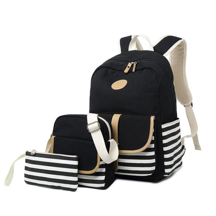 3 Piece Striped Canvas Backpack Set For Students