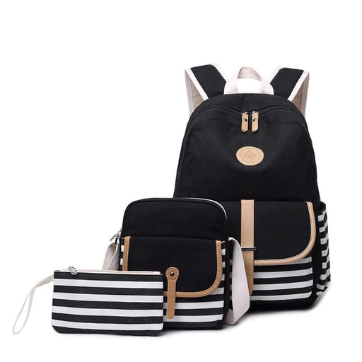 3 Piece Striped Canvas Backpack Set For Students