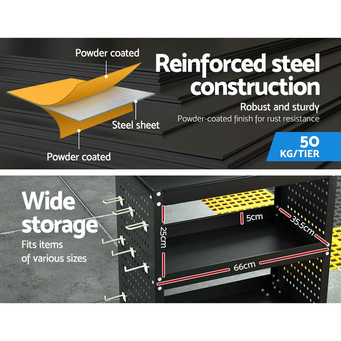 3-tier Tool Cart Storage Trolley Toolbox Workshop Garage