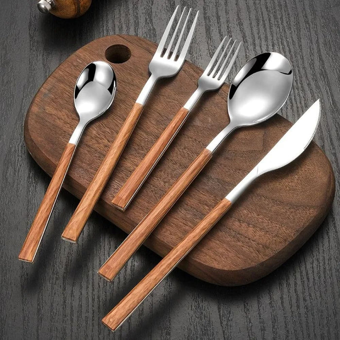 30 Piece Stainless Steel Wooden Handle Cutlery Set