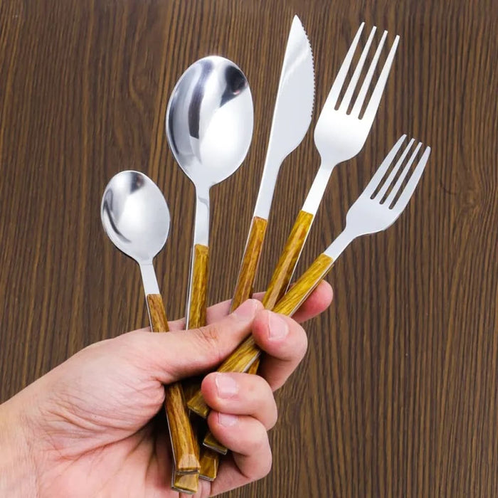 30 Piece Stainless Steel Wooden Handle Cutlery Set