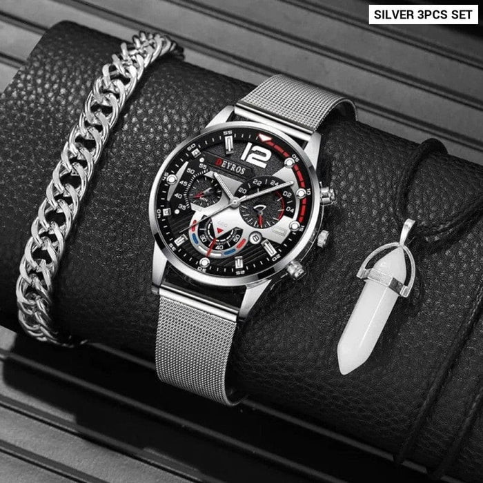 3pcs Set Fashion Mens Calendar Watches Men Business Steel