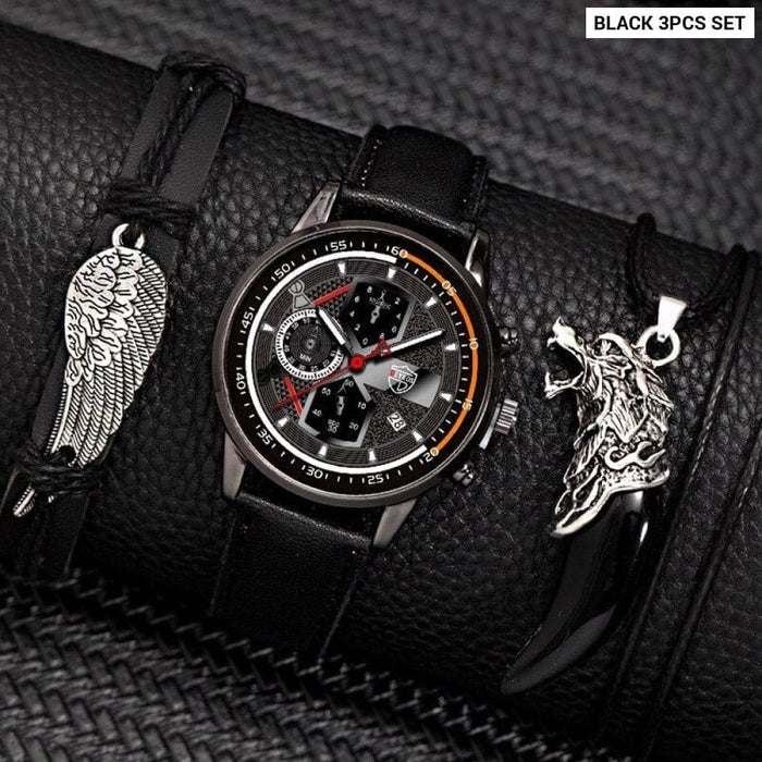 3pcs Set Fashion Mens Calendar Watches Male Business Casual