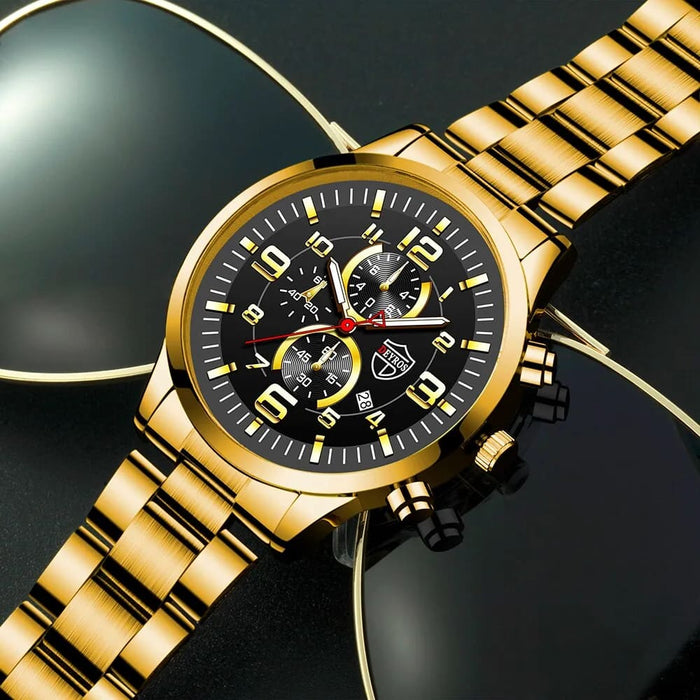 3pcs Fashion Mens Gold Necklace Bracelet Watches Set Men