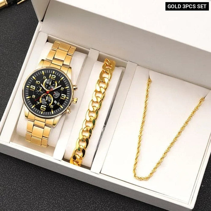 3pcs Fashion Mens Gold Necklace Bracelet Watches Set Men