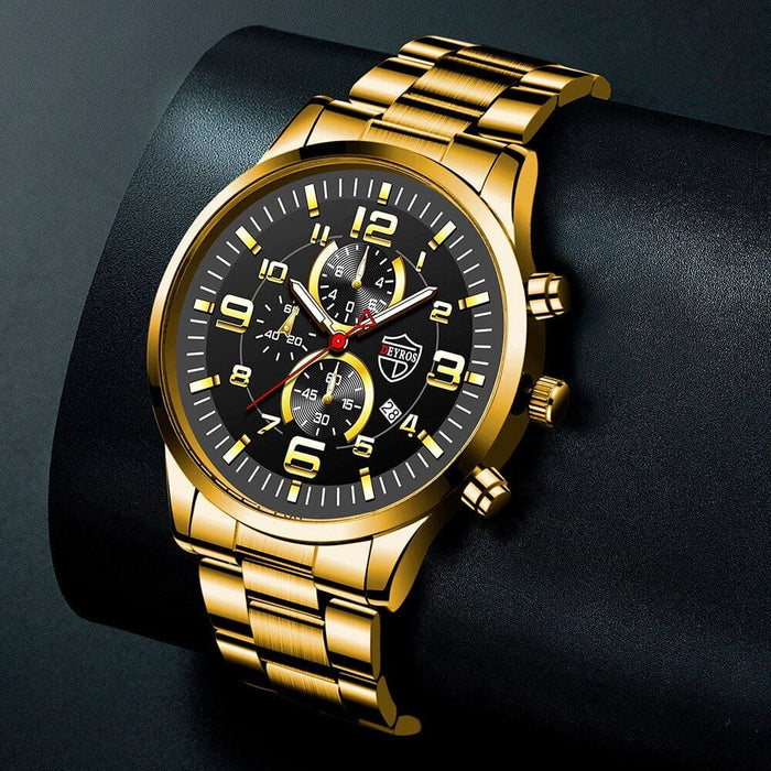 3pcs Fashion Mens Gold Necklace Bracelet Watches Set Men