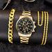 3pcs Fashion Mens Gold Necklace Bracelet Watches Set Men