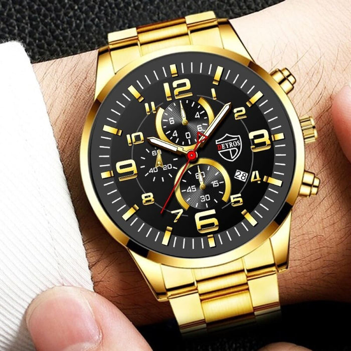 3pcs Fashion Mens Gold Necklace Bracelet Watches Set Men