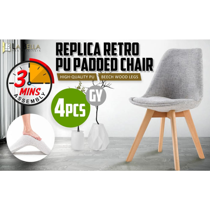 4 Set Grey Retro Dining Cafe Chair Padded Seat