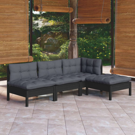 4 Piece Garden Lounge Set With Cushions Black Pinewood