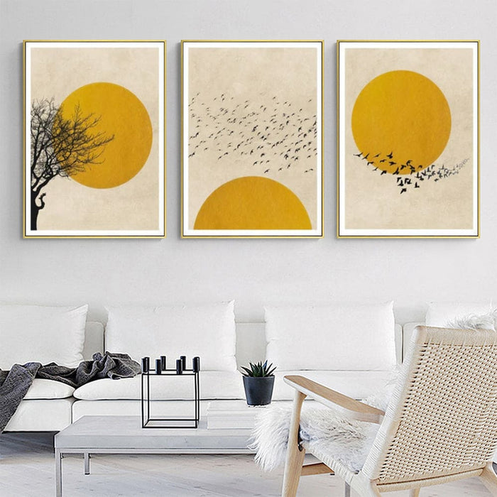 40cmx60cm Flock Of Birds Sun Silhouette 3 Sets Gold Frame