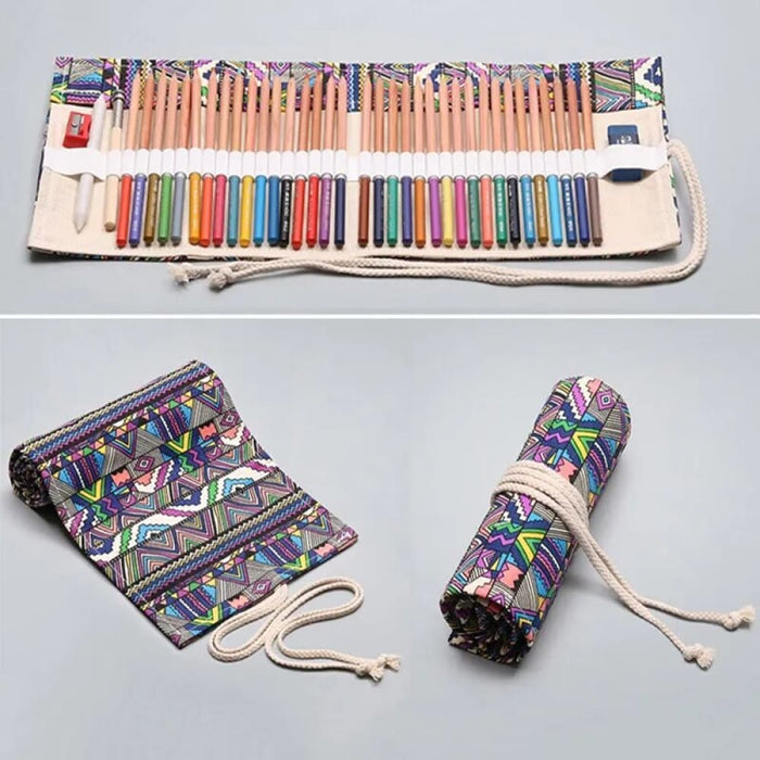 48 Holes Canvas Roll Up Pen Pencil Stationery Case