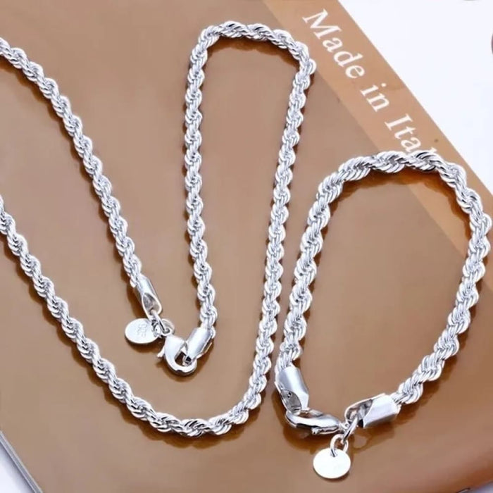 4mm Silver Twisted Rope Necklace Bracelet Set High Quality