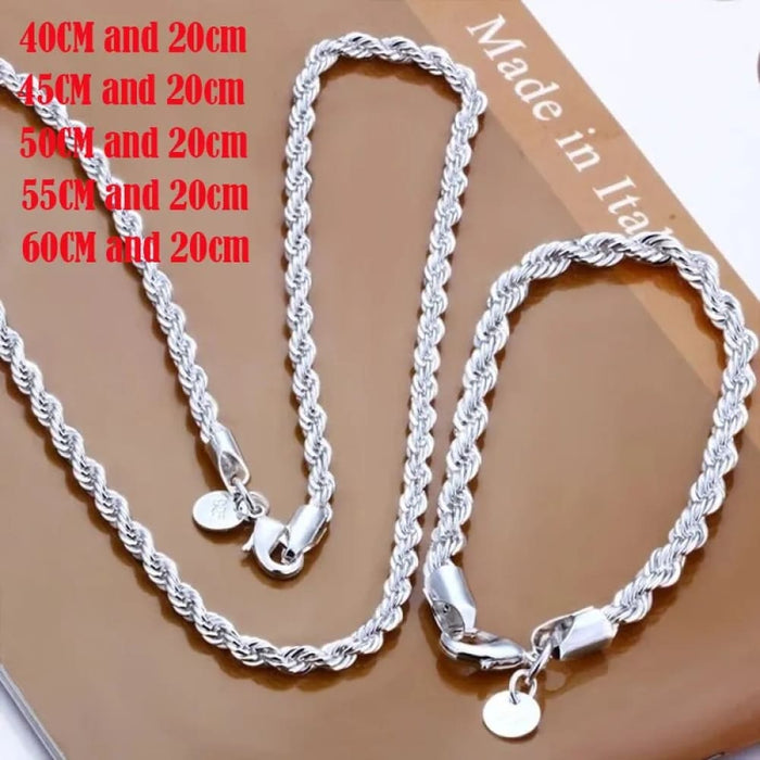 4mm Silver Twisted Rope Necklace Bracelet Set High Quality