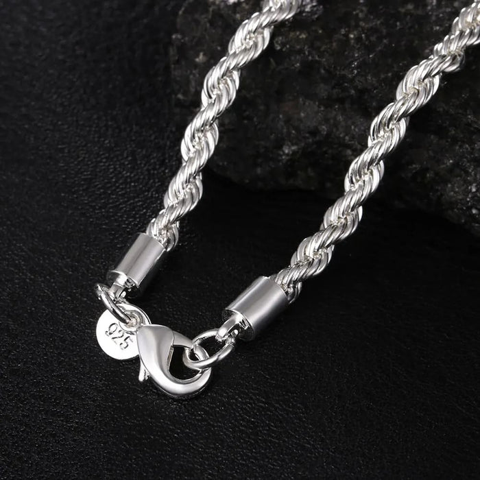 4mm Silver Twisted Rope Necklace Bracelet Set High Quality