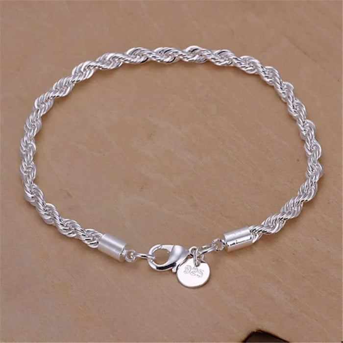 4mm Silver Twisted Rope Necklace Bracelet Set High Quality