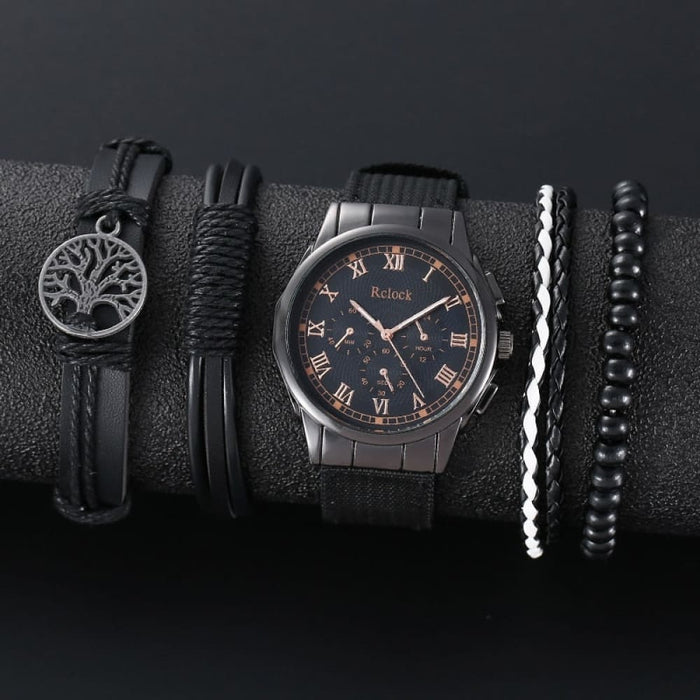 4pcs Brown Nylon Strap Quartz Watch With Bracelet For Men