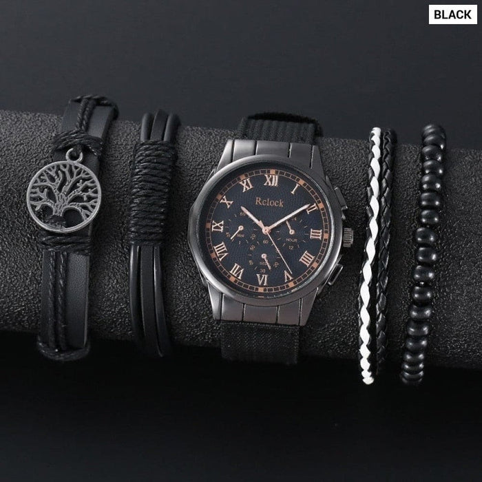 4pcs Brown Nylon Strap Quartz Watch With Bracelet For Men