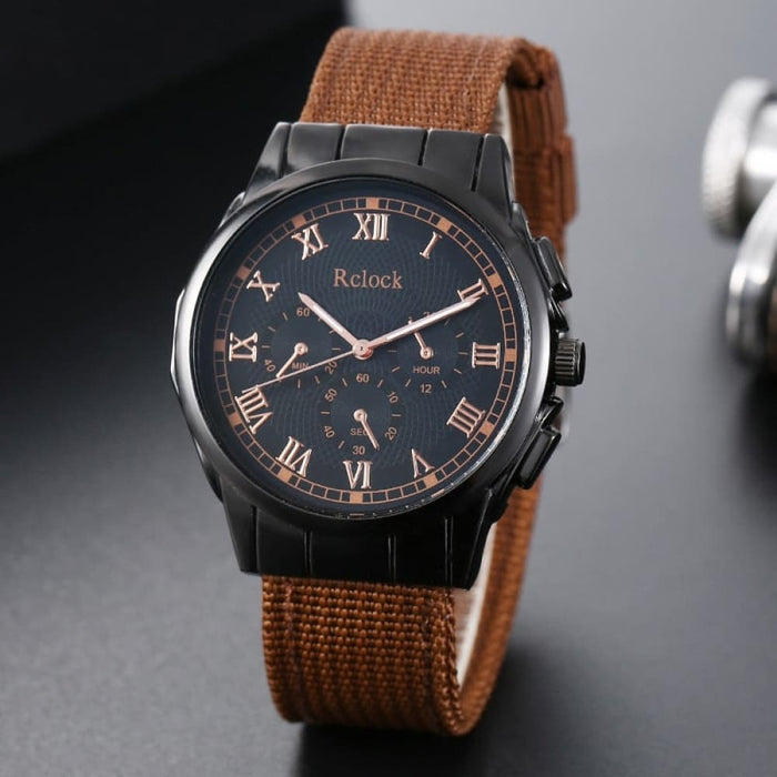 4pcs Brown Nylon Strap Quartz Watch With Bracelet For Men