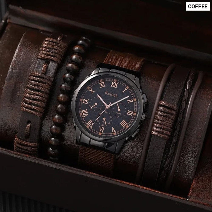 4pcs Brown Nylon Strap Quartz Watch With Bracelet For Men