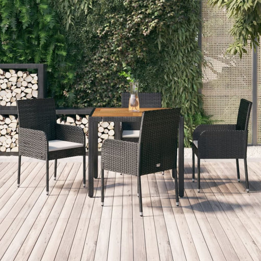 5 Piece Garden Dining Set With Cushions Black Poly Rattan