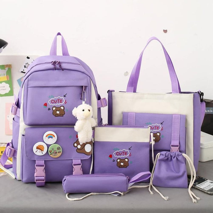 5 Piece Lightweight Girls Backpack Set With Bear