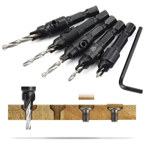 5 Piece Woodworking Countersink And Chamfer Drill Set