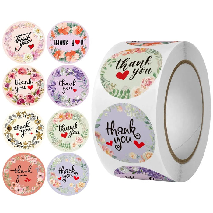 500pcs Roll Thank You Stickers Round Floral Multicolour