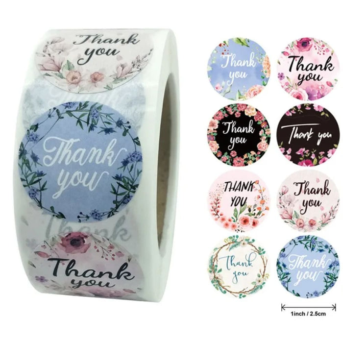 500pcs Roll Thank You Stickers Round Floral Multicolour