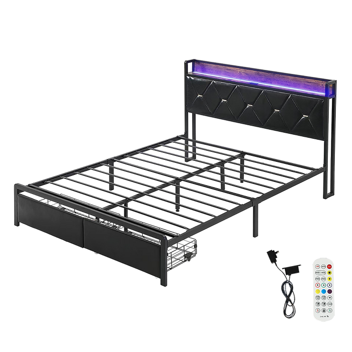 Double Metal Bed Frame Led Lights 2 Drawers