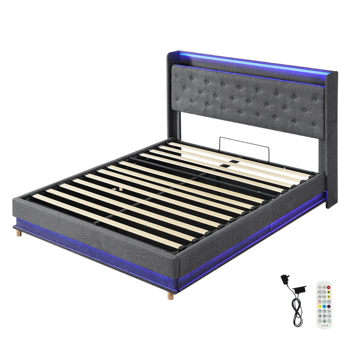 Queen Bed Frame Gas Lift Led Light - Grey