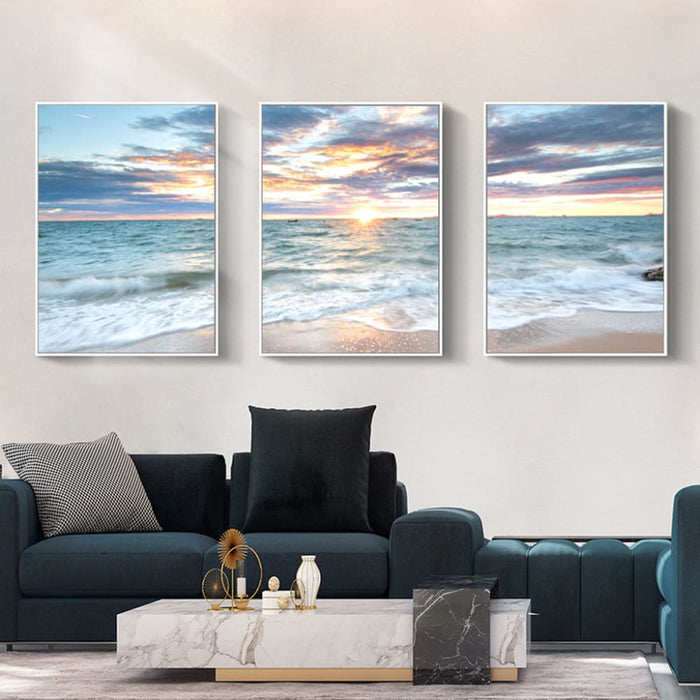 50cmx70cm Sunrise By The Ocean 3 Sets White Frame Canvas