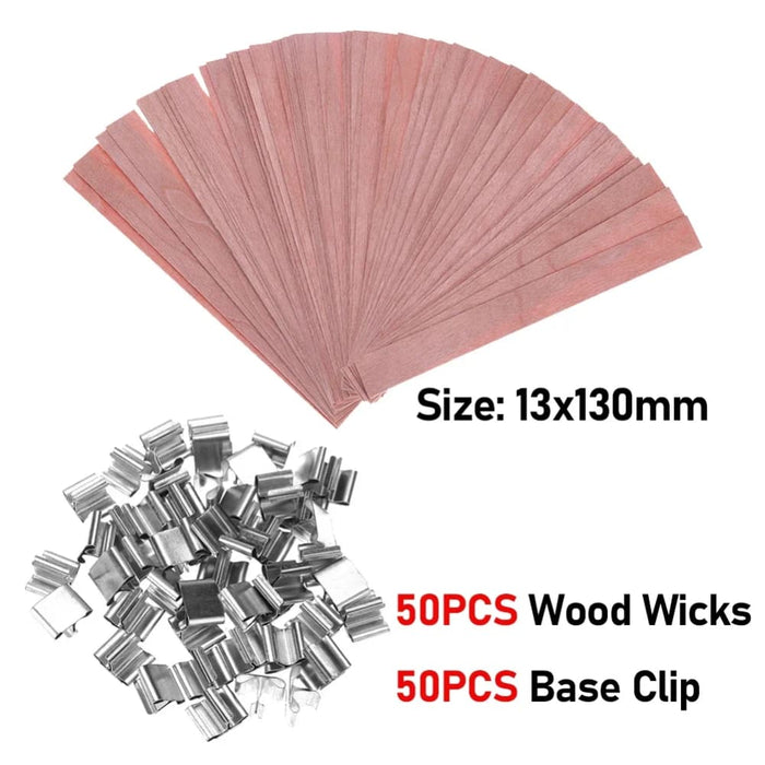 50pc Wooden Candle Wick Kit With Clip Base For Diy Making