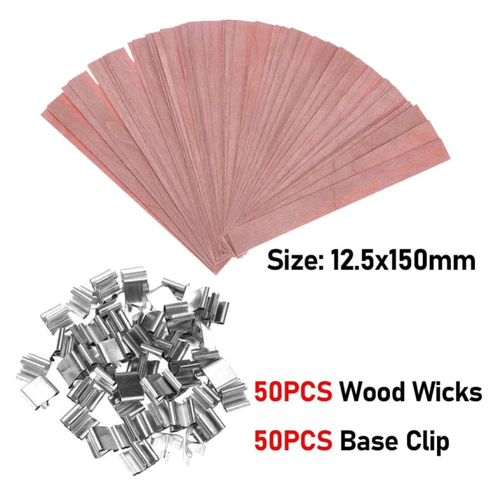 50pc Wooden Candle Wick Kit With Clip Base For Diy Making