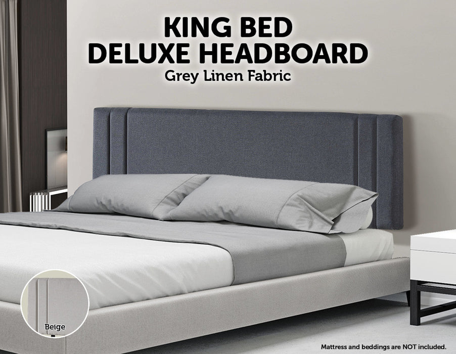 Linen Fabric King Bed Deluxe Headboard Bedhead - Grey