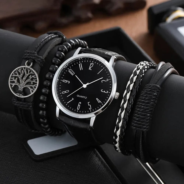 5pcs Pu Leather Black Casual Round Quartz Watches Bracelet