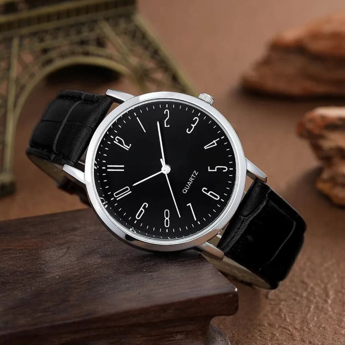 5pcs Pu Leather Black Casual Round Quartz Watches Bracelet