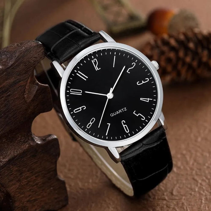 5pcs Pu Leather Black Casual Round Quartz Watches Bracelet