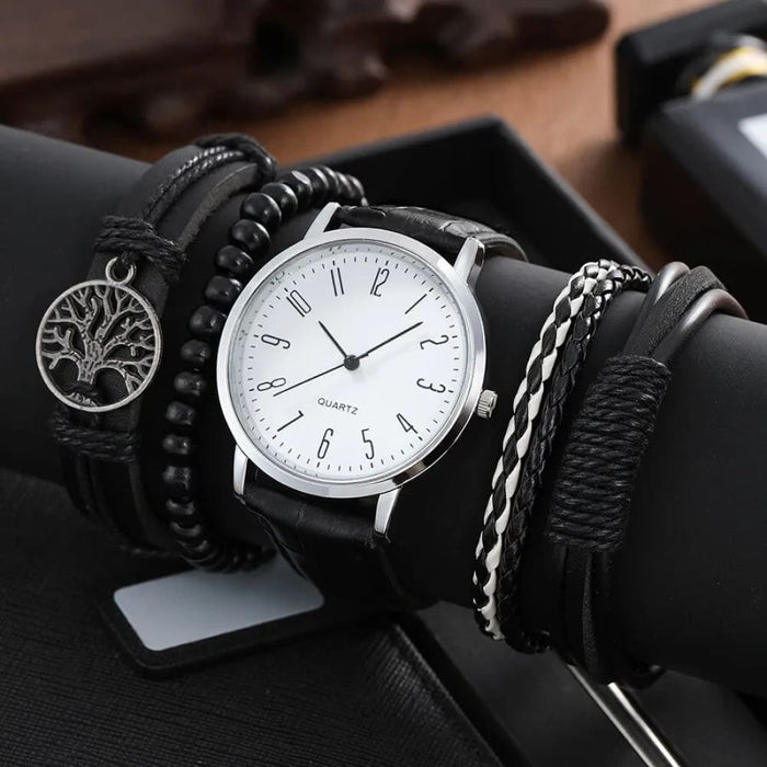 5pcs Pu Leather Black Casual Round Quartz Watches Bracelet