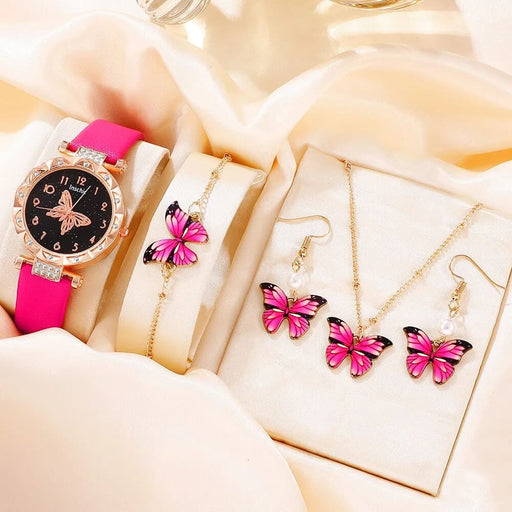 5pcs Set Womens Fashion Quartz Watch Female Clock Rose Red