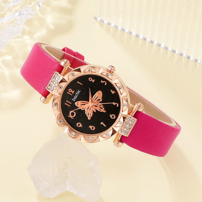 5pcs Set Womens Fashion Quartz Watch Female Clock Rose Red