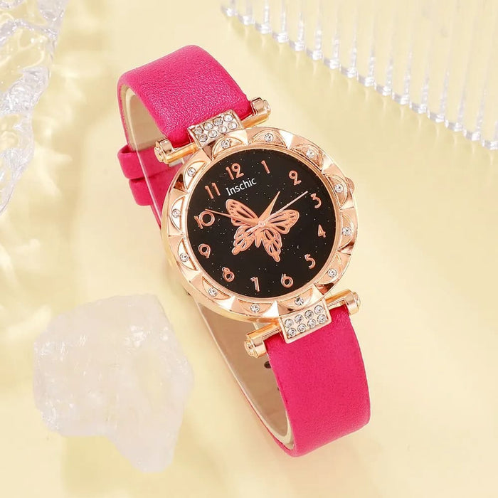 5pcs Set Womens Fashion Quartz Watch Female Clock Rose Red