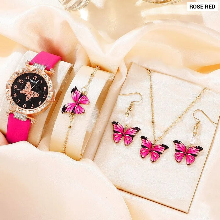 5pcs Set Womens Fashion Quartz Watch Female Clock Rose Red