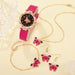 5pcs Set Womens Fashion Quartz Watch Female Clock Rose Red