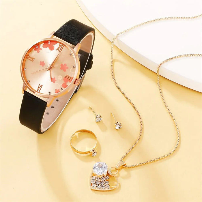 5pcs Set Womens Fashion Quartz Watch Female Clock Rose Gold