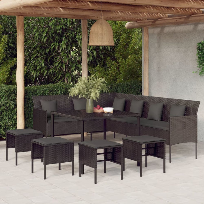 6 Piece Garden Dining Set With Cushions Black Poly Rattan